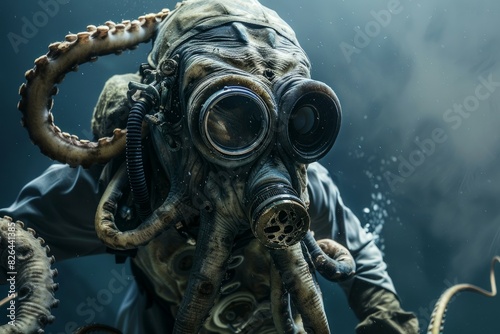 Surreal underwater scene with a diver in a vintage suit surrounded by octopus tentacles