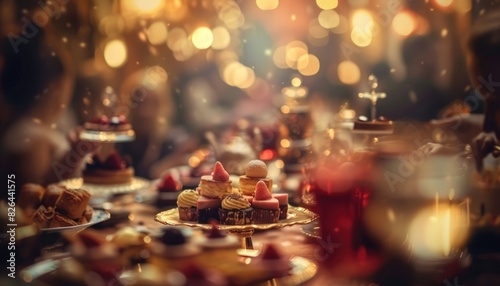 People enjoying a dessert dinner, selective focus, indulgence theme, whimsical, manipulation, patisserie backdrop photo