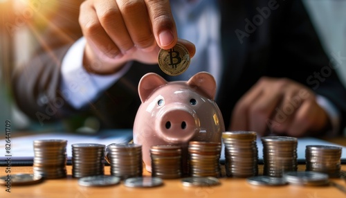 Piggy bank with a businessman depositing coins, close up, savings theme, realistic, overlay, office desk backdrop photo