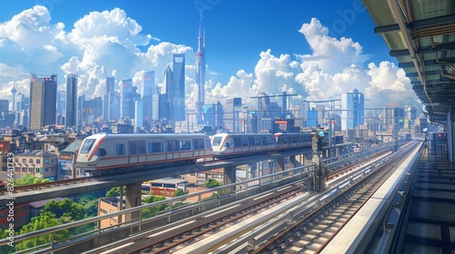 Wallpaper Mural Chinese City Subway with Urban Background, Blue Sky, and Outdoor Setting, Featuring Tracks Running and Subway in Motion, Perfect for Urban Transportation and Cityscape Illustrations. Torontodigital.ca