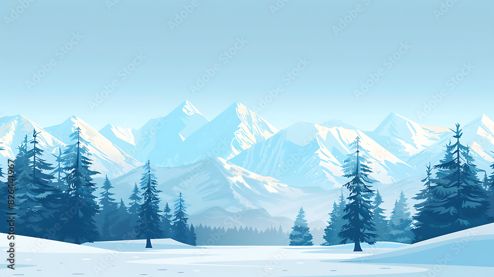 Minimalist Flat Vector Winter Landscape with Majestic Pine Trees and Snow-Capped Mountains