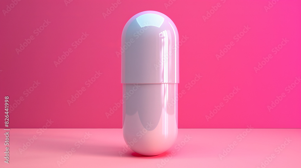 A white pill is sitting on a pink background