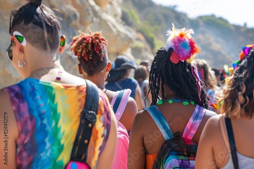 Queer-friendly excursions: Design a scene of queer-friendly excursions, with diverse groups of travelers enjoying activities like hiking, sightseeing, and cultural tours in inclusive settings photo