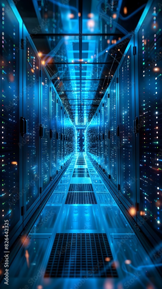 Futuristic Server Room with Flowing Digital Data Representing Online Transactions and E Commerce Futuristic Server Room with Flowing Digital Data Representing Online Transactions and E Commerce
