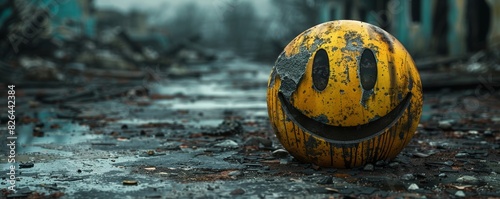 Apocalyptic smiley face in urban ruins