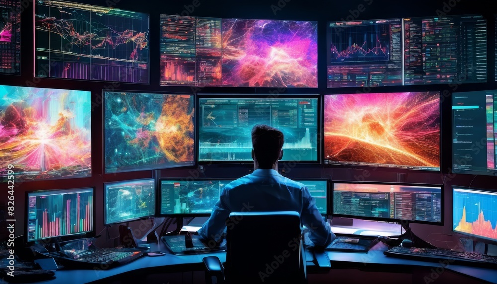 An operator seated in a futuristic control room, surrounded by multiple glowing screens displaying complex data and graphs.. AI Generation An operator seated in a futuristic control room, surrounded by multiple glowing screens displaying complex data and graphs.. AI Generation