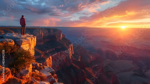 Traveler Standing on the Edge of a Vast Canyon at Sunrise Capturing the Majestic Landscape and Serene Atmosphere photo