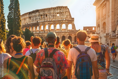 LGBTQ+ tours: Design an image of LGBTQ+ tours, showcasing a group of diverse travelers exploring historical sites, cultural landmarks, and scenic destinations with a knowledgeable guide