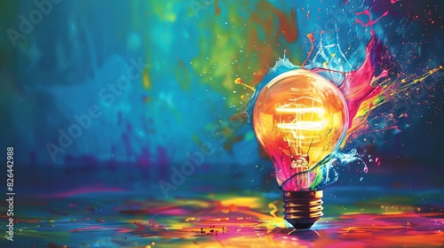 colorful liquid glass light bulb splashing with creative inspiration artistic concept of imagination and ideas abstract background