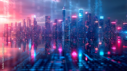 Futuristic Neon Cityscape with Glossy Tech Display Backdrop