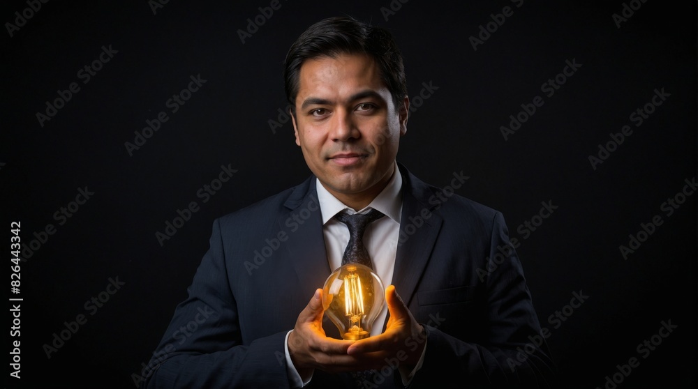 Businessman Holding Glowing Light Bulb: Concept of Innovation and Creativity Businessman Holding Glowing Light Bulb: Concept of Innovation and Creativity