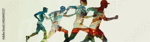 Colorful silhouettes of men running in motion, representing athleticism, teamwork, and the dynamics of physical fitness and activity.