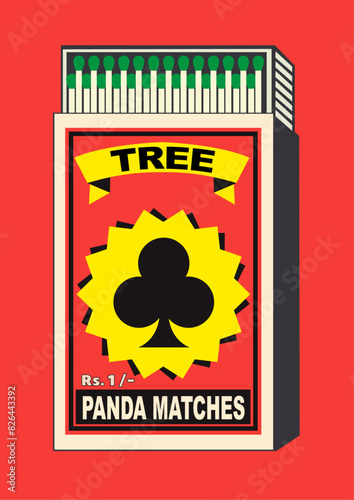 Ace Spade Playing Card (teen ekka) and tree illustration in Matchbox art and matches vector. Vintage and antique matchbox packaging design illustration. retro style packaging. old style