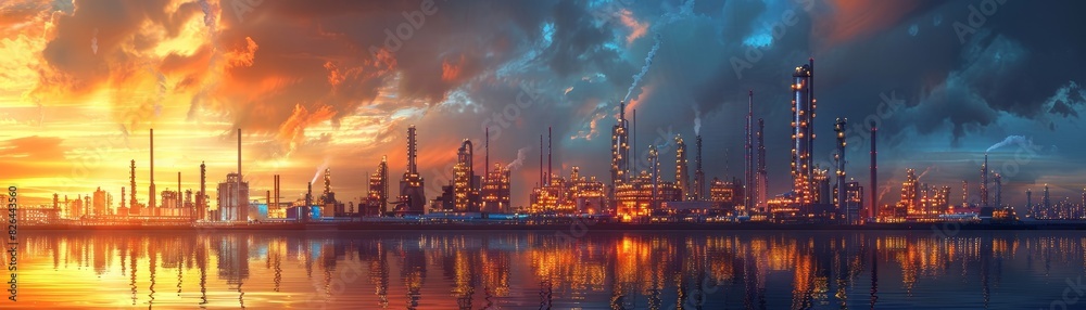 Oil refinery at sunset, with towering structures and bright lights, industrial landscape with dramatic sky, ideal for showcasing energy production and petrochemical industry.