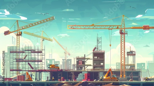 Construction site with cranes, scaffolding, and workers in action, bustling and dynamic, perfect for illustrating the building and infrastructure development aspects of the industry.
