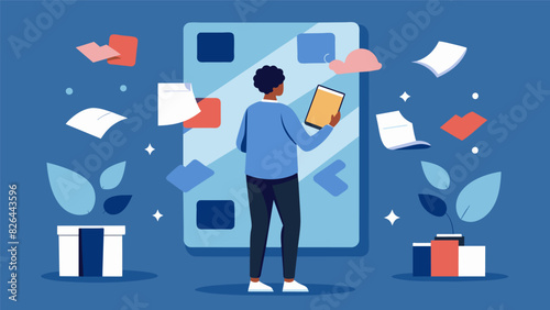 A person standing in front of a mirror but instead of their reflection they see their journal pages filled with words and images representing their. Vector illustration