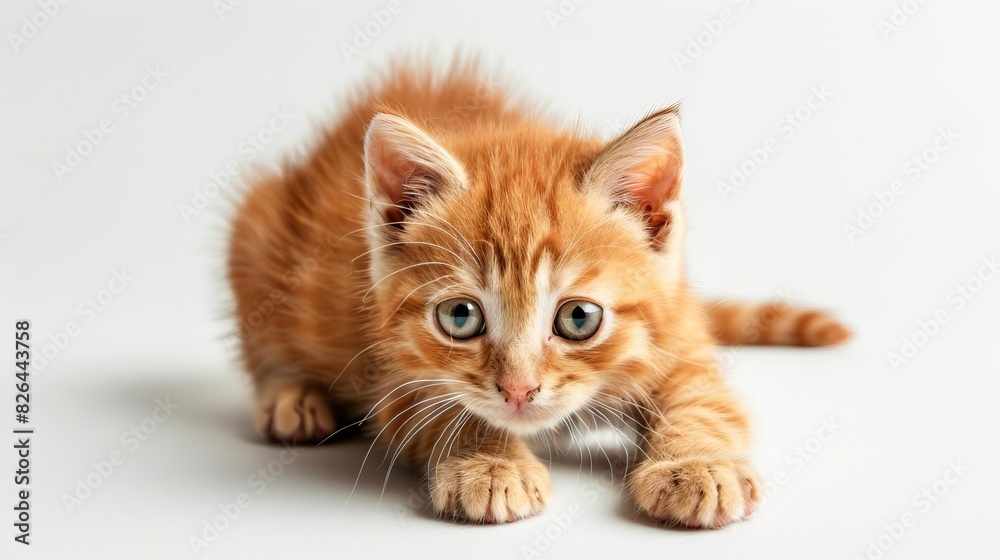 curious orange tabby kitten isolated on white background high angle view studio shot