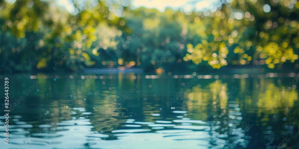 Fototapeta premium A peaceful lakeside view with bokeh reflections of trees on the water's surface.