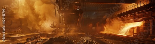 Steel mill with molten metal being poured into molds, intense heat and glowing metal, dramatic and powerful, ideal for showcasing heavy industry and metal production processes.