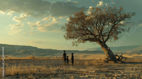 Drought in Africa. A poor starving family of three stands in front of a tree in the desert photo