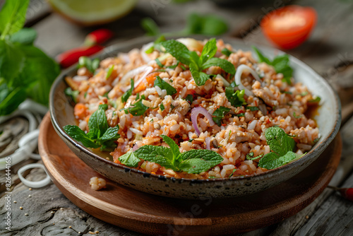 Thai larb salad with minced chicken and herbs.Thai larb salad with minced chicken and herbs..