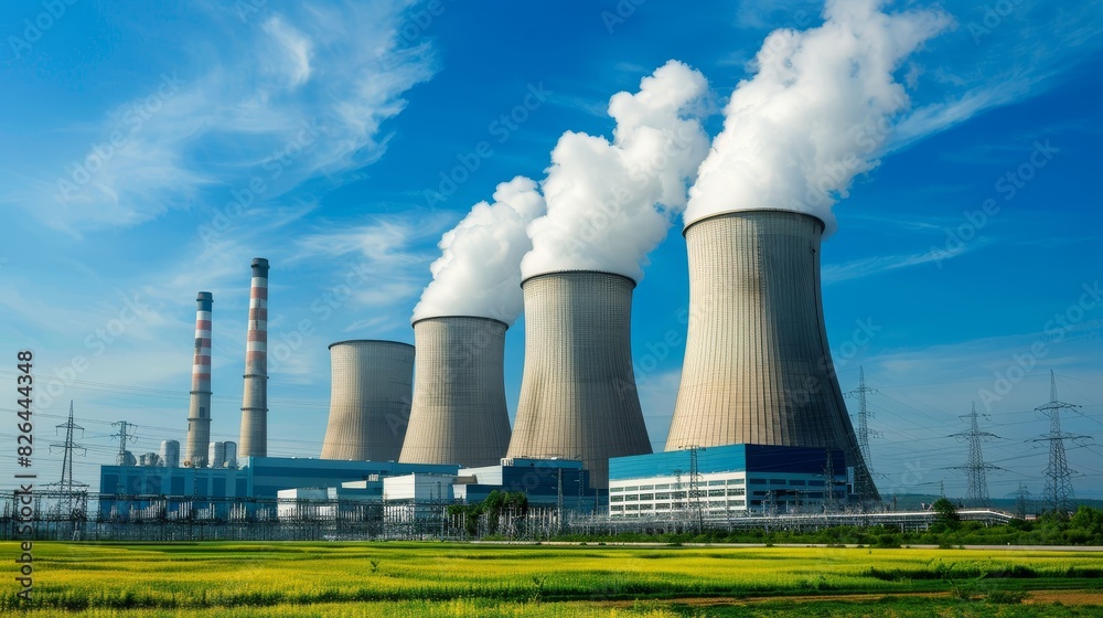 Modern power plant with smokestacks and cooling towers under a clear blue sky, isolated on white background, copy space, industrial energy production, sustainable electricity generation, high