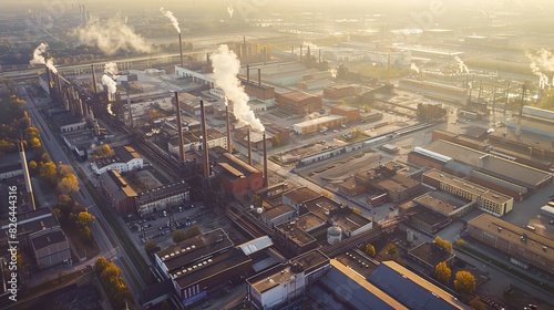 Aerial view of a sprawling industrial complex with multiple buildings  smokestacks  and loading docks  expansive and impressive  perfect for illustrating large-scale manufacturing operations.