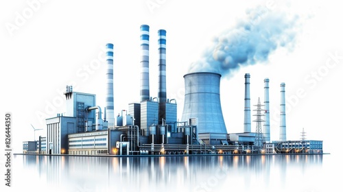 Modern power plant with smokestacks and cooling towers under a clear blue sky, isolated on white background, copy space, industrial energy production, sustainable electricity generation, high