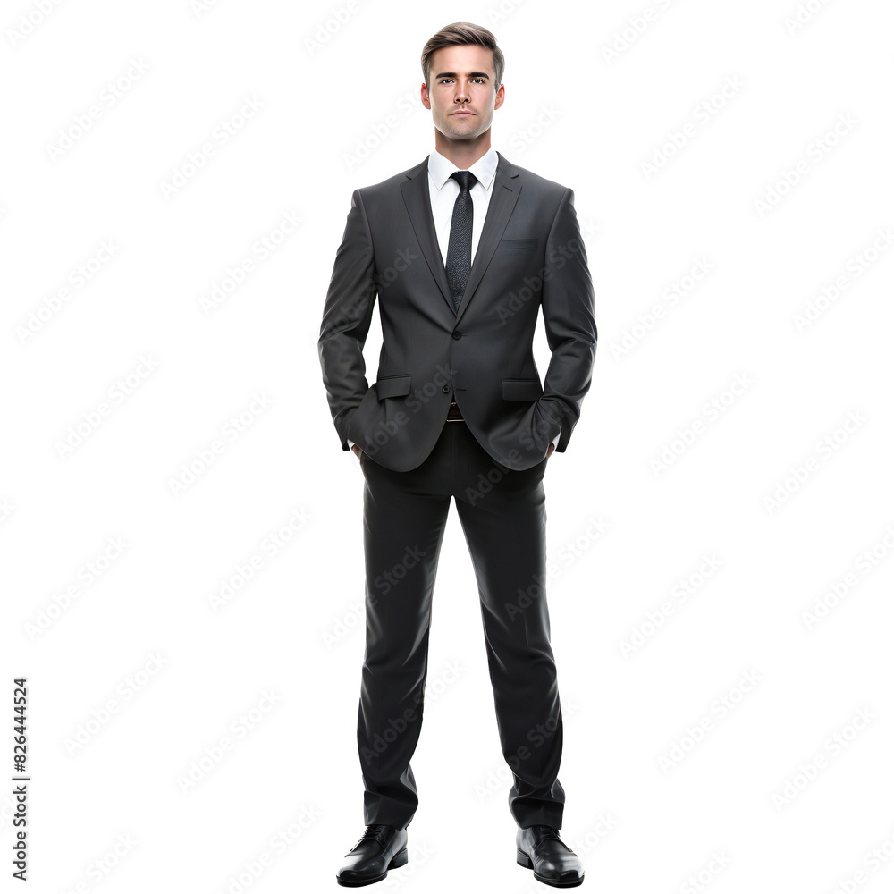Businessman in a black suit standing against transparent background Businessman in a black suit standing against transparent background
