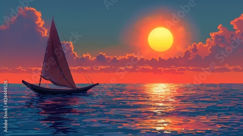 A simple yet captivating illustration of a traditional Hawaiian canoe on the ocean, with the sun setting in the background. The artwork evokes a sense of adventure and the rich cultural heritage of