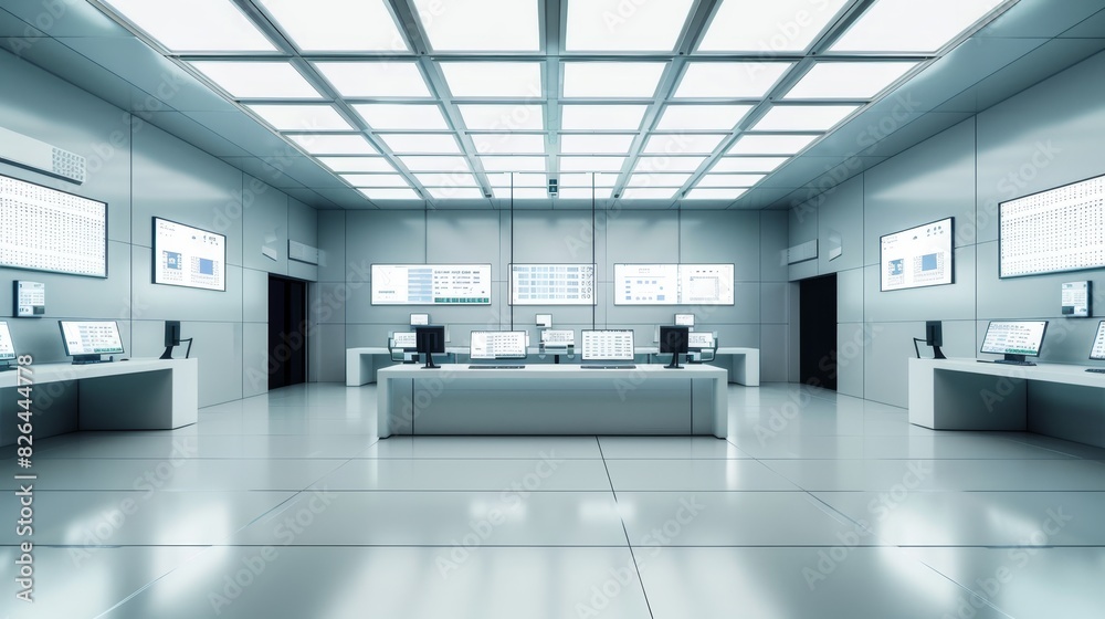 Interior of a modern electric power plant control room, advanced technology, digital screens, high-tech environment, isolated on white background, copy space, energy management, high resolution