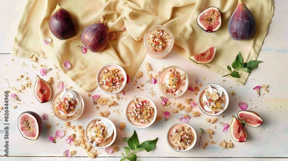   A wooden table with bowls of food, sliced figs, and a cloth covering it