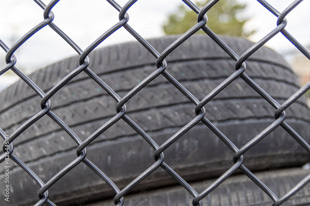 Fototapeta premium Stacked used tires - behind chain-link fence - under cloudy sky. Taken in Toronto, Canada.