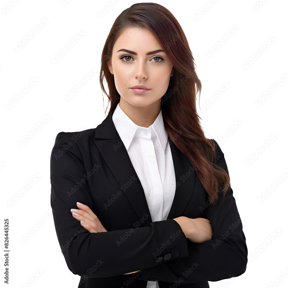 Confident businesswoman in black suit with arms crossed transparent background Confident businesswoman in black suit with arms crossed transparent background