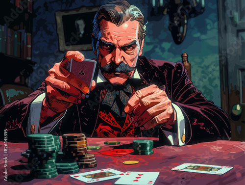card player in a tense poker game, surrounded by chips and cards in a dimly lit room. Generative ai vector illustration. Pop art comic book style imitation