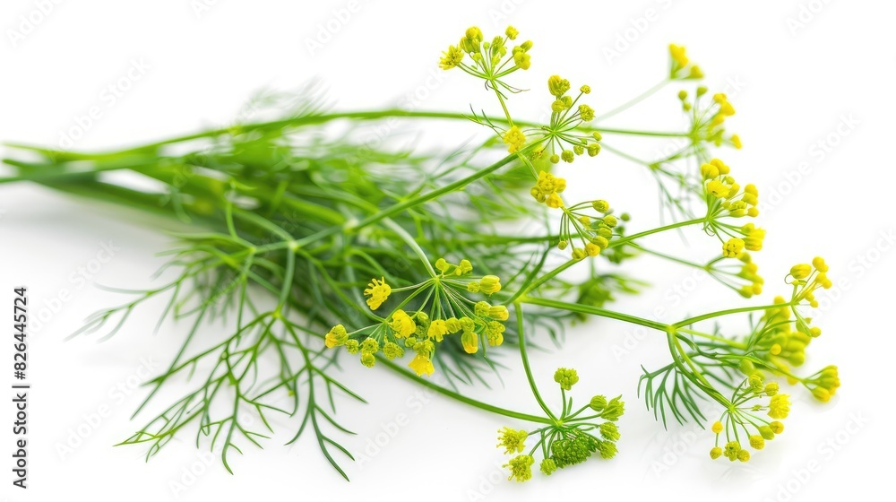 Fototapeta premium Fresh dill with blooming flower displayed alone on a white background
