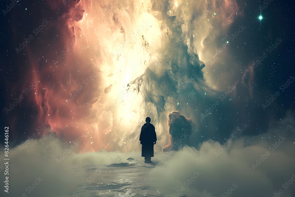Solitary Figure Amidst Mystical Cosmic Clouds Night Sky Solitary Figure Amidst Mystical Cosmic Clouds Night Sky