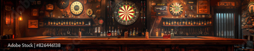 Warm and inviting pub interior featuring dartboards, wooden bar and ambient lighting perfect for social gatherings and relaxation. Generative ai vector illustration. Pop art comic book style imitation photo