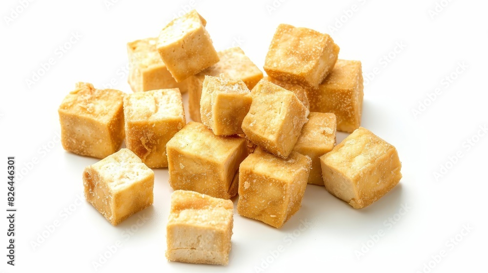 fried tofu cubes isolated on white background healthy vegetarian food concept top view studio shot fried tofu cubes isolated on white background healthy vegetarian food concept top view studio shot