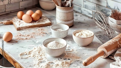   A kitchen counter with flour, eggs, and a rolling pin near a cookie sheet with a rolling pin on it
