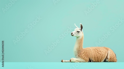A llama is sitting on a blue background. The llama is looking to the right of the frame. It has a white face and brown fur.