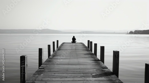 A wooden dock jutting out into a calm lake. A lone figure sits at the end of the dock  looking out at the water.