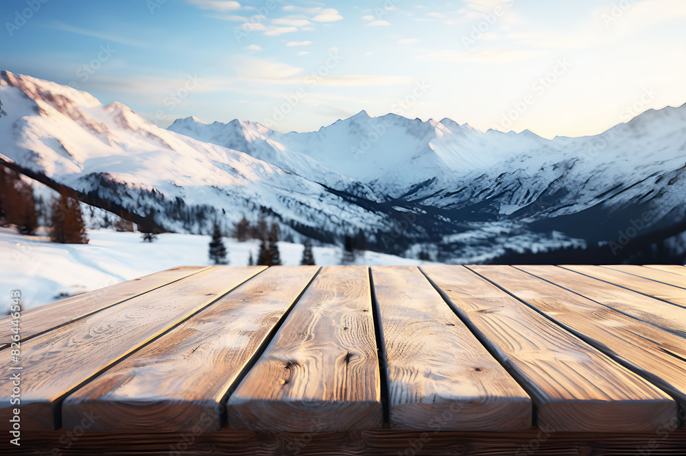 Empty brown wooden floor or table mountain surrounded by snow landscape background. Blue sky with white clouds, bright sunlight. Realistic color clipart template pattern. Empty brown wooden floor or table mountain surrounded by snow landscape background. Blue sky with white clouds, bright sunlight. Realistic color clipart template pattern.