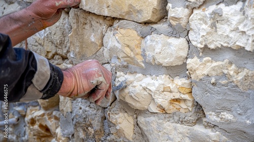 A skilled craftsman repointing the mortar between ancient stones on an iconic facade. photo