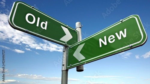 Old vs New. Two green street signs on a pole, one pointing left and the other pointing right, indicating two different directions on the road