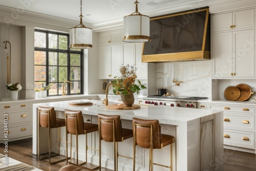 Wallpaper Mural An elegant kitchen with white cabinets, marble countertops, and brass accents showcases luxurious design elements. The focus is on an island with a black texture on a stone countertop, complemented by Torontodigital.ca
