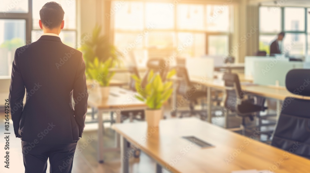 Fototapeta premium Time for success. A man dressed in a suit standing in a modern office setting