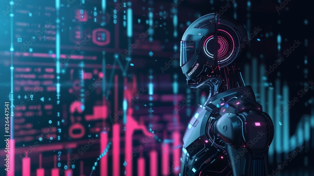 A robot stands in front of a vibrant and colorful background.