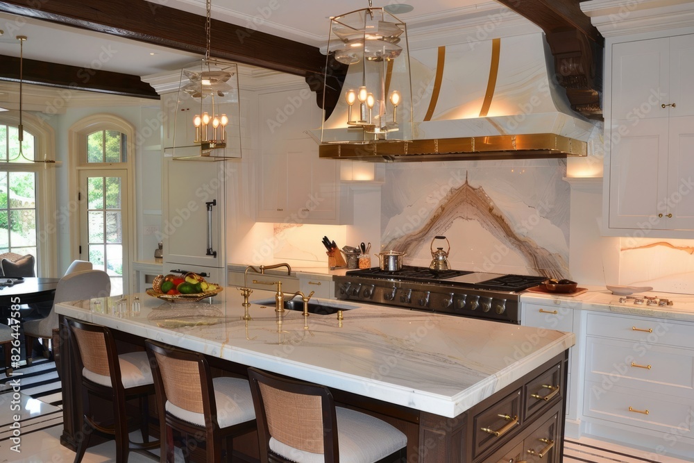 An elegant kitchen with white cabinets, marble countertops, and brass accents showcases luxurious design elements. The focus is on an island with a black texture on a stone countertop, complemented by