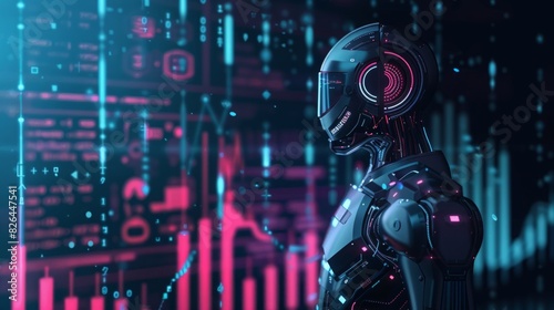 A robot stands in front of a vibrant and colorful background.